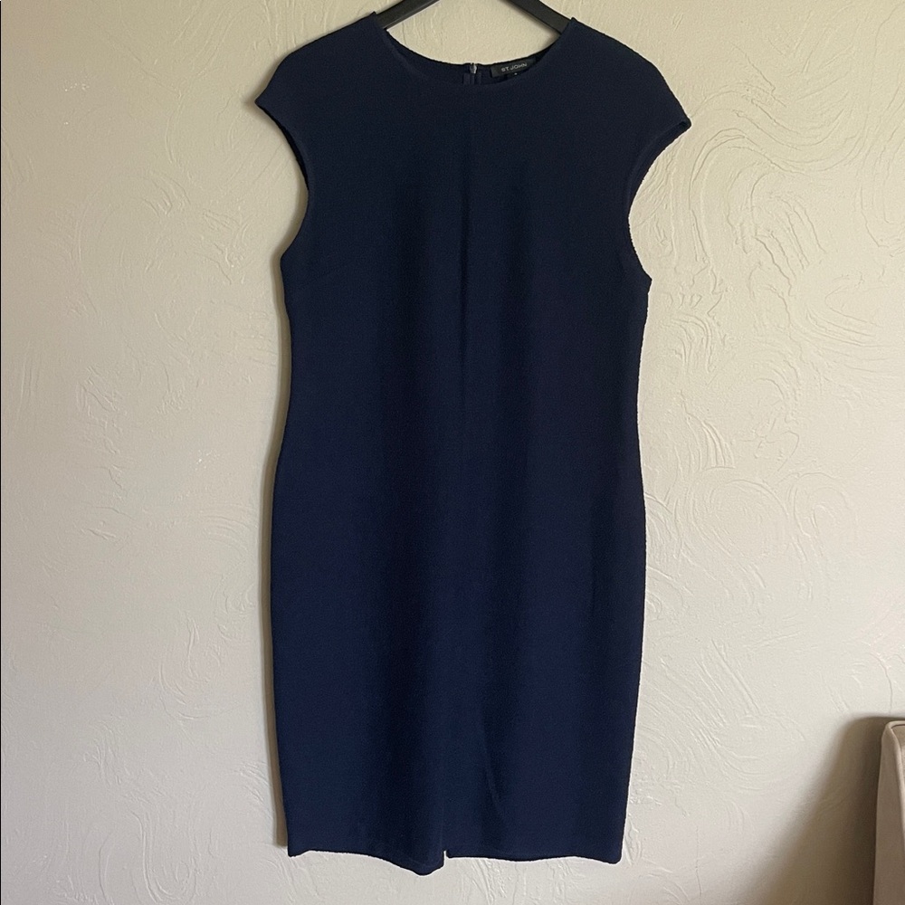 ST. JOHN Navy Blue Wool Blend Sleeveless Knee Length Dress Size 14